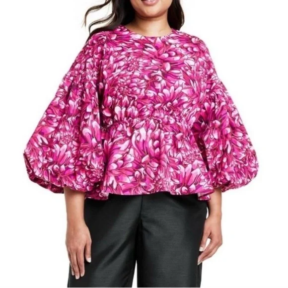 Kika Vargas x Target Pink Mum Floral Scallop Back Peplum Blouse Size 1X - Picture 3 of 14